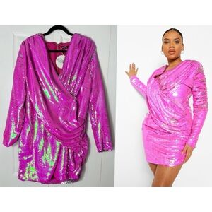 Boohoo Pink Iridescent Sequin Draped Long Sleeve Bodycon Mini Dress Size 14